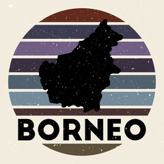 Wall Mural - Borneo logo. Sign with the map of island and colored stripes, vector illustration. Can be used as insignia, logotype, label, sticker or badge of the Borneo.