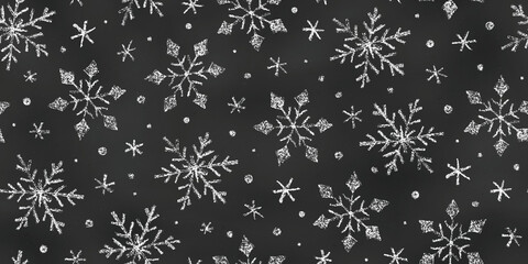 Wall Mural - Seamless Pattern of Chalk Drawn Sketches Snowflakes on Chalkboard Backdrop. Stylized Grunge Endless Motif.