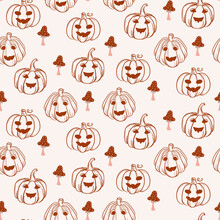 Fall Cozy Halloween Pumpkins And Mushrooms Seamless Pattern Background Brown On White