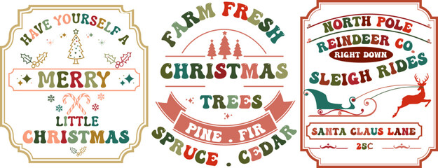 Poster - Farm fresh christmas trees. Retro Christmas Card, greeting, design, T shirt print,  postcard wish, poster, banner isolated on white background. winter cozy themed colorful text vector illustration 