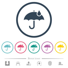 Sticker - Umbrella with single raindrop solid flat color icons in round outlines