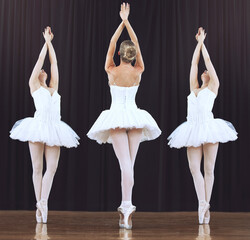 Abstract dance performance by ballet team performing creative dancing routine on theater stage. Partnership, teamwork and dancer or prima ballerina women or working together on recital show