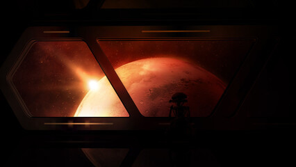 Wall Mural - View of Mars from a spacecraft with a droid on board.