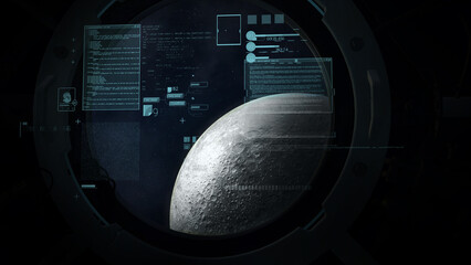 Wall Mural - Flight calculations data on the background of the moon in the porthole.