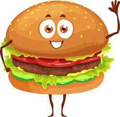 Sticker - Cartoon funny fast food hamburger vector character