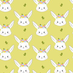Wall Mural - Seamless pattern with rabbit cartoons and simple flowers. Rabbit head vector illustration.