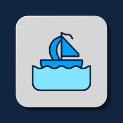 Sticker - Filled outline Yacht sailboat or sailing ship icon isolated on blue background. Sail boat marine cruise travel. Vector