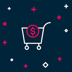 Sticker - Line Shopping cart and dollar symbol icon isolated on blue background. Online buying concept. Delivery service. Supermarket basket. Colorful outline concept. Vector