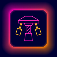 Poster - Glowing neon line Attraction carousel icon isolated on black background. Amusement park. Childrens entertainment playground, recreation park. Colorful outline concept. Vector