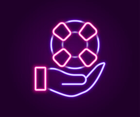 Sticker - Glowing neon line Lifebuoy in hand icon isolated on black background. Lifebelt symbol. Colorful outline concept. Vector