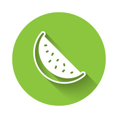 Canvas Print - White Watermelon icon isolated with long shadow. Green circle button. Vector