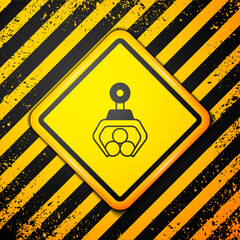 Wall Mural - Black Grapple crane grabbed a log icon isolated on yellow background. Forest industry. Industrial crane for lumber trunk wood production. Warning sign. Vector