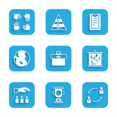 set briefcase, award cup, human resources, planning strategy concept, boss with employee, earth glob