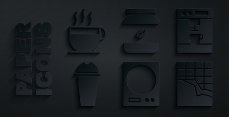 Poster - Set Electronic scales, Coffee machine, Milkshake, Chocolate bar, jar bottle and cup icon. Vector