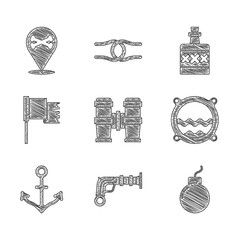 Wall Mural - Set Binoculars, Vintage pistols, Bomb ready explode, Ship porthole with seascape, Anchor, Pirate flag, Alcohol drink Rum and Location pirate icon. Vector