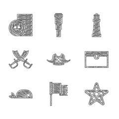 Sticker - Set Pirate hat, flag, Starfish, Antique treasure chest, bandana for head, Crossed pirate swords, Lighthouse and coin icon. Vector