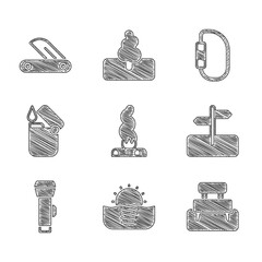 Wall Mural - Set Campfire, Sunrise, Bench, Road traffic sign, Flashlight, Lighter, Carabiner and Swiss army knife icon. Vector