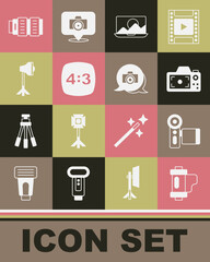 Canvas Print - Set Camera film roll cartridge, Cinema camera, Photo, retouching, frame 4, Studio light bulb softbox, photo lens and icon. Vector