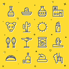 Sticker - Set line Pinata, Cactus, Burrito, Tequila bottle, Dog, and Sun icon. Vector