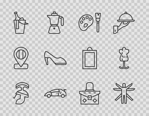 Sticker - Set line Roman army helmet, Vitruvian Man, Paint brush with palette, Sport racing car, Bottle of wine bucket, Woman shoe, Handbag and Mannequin icon. Vector