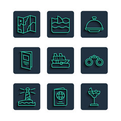 Canvas Print - Set line Lighthouse, Passport, Cocktail, Covered with tray, Cruise ship, Brochure, Folded map and Binoculars icon. Vector