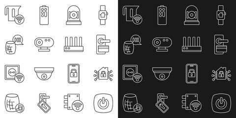 Sticker - Set line Smart home, Digital door lock, Ringing alarm bell, Web camera, Voice assistant, electric kettle and Router and wi-fi signal icon. Vector