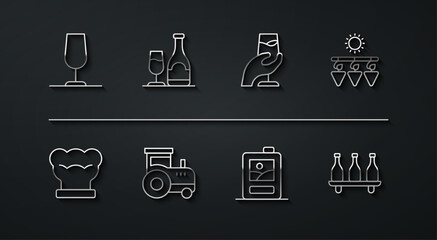 Poster - Set line Wine glass, Chef hat, Drying grapes, Cardboard box of wine, Tractor, bottle with, Bottle and tasting, degustation icon. Vector