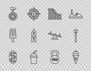 Sticker - Set line Hotdog sandwich, Ice cream in waffle cone, Roller coaster, Paper glass with water, Unicycle or wheel bicycle, Circus ticket, Weight and Magic wand icon. Vector