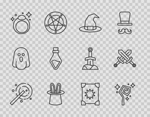 Set Line Magic Wand, Staff, Witch Hat, Magician Rabbit Ears, Stone Ring, Bottle With Potion, Ancient Magic Book And Crossed Medieval Sword Icon. Vector