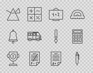 Sticker - Set line Award cup, Pen, Chalkboard, Exam paper with incorrect answers, Light rays prism, School Bus, sheet plus grade and Calculator icon. Vector