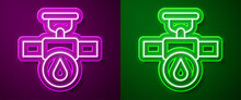 Glowing Neon Line Industry Metallic Pipe And Valve Icon Isolated On Purple And Green Background. Vector