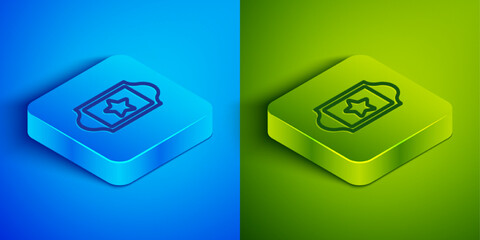 Wall Mural - Isometric line Cinema ticket icon isolated on blue and green background. Square button. Vector