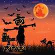 Vector for silhouette Halloween night with a scarecrow and bats flying in the sky and cute cartoon of owl, black cat, spider and pumpkin devil beside cemetery and tombstone on full moon background.