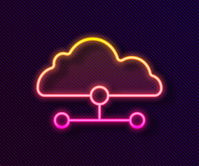 Sticker - Glowing neon line Network cloud connection icon isolated on black background. Social technology. Cloud computing concept. Vector