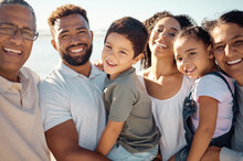 Diversity Big Family In Portrait For Summer Outdoor Holiday With Children And Grandparents On Blue Sky And Sunshine. Happy Smile Of Grandmother, Father And Kids For Wellness, Vitamin D Or Development