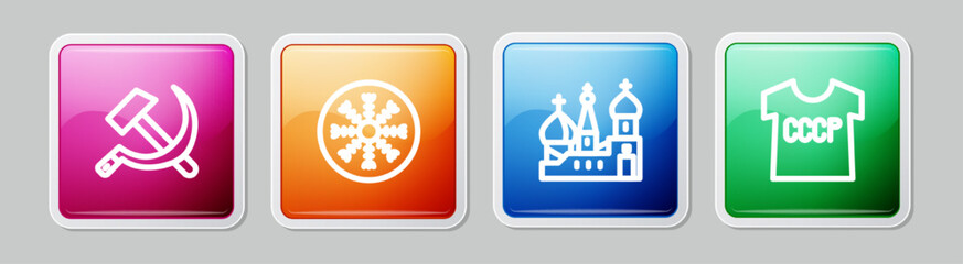 Sticker - Set line Hammer and sickle USSR, Snowflake, Saint Basil's Cathedral and t-shirt. Colorful square button. Vector