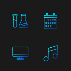 Wall Mural - Set line Music note, tone, Computer monitor screen, Test tube and flask and Calendar. Gradient color icons. Vector