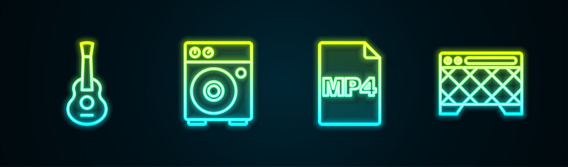 Sticker - Set line Guitar, amplifier, MP4 file document and . Glowing neon icon. Vector