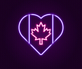 Sticker - Glowing neon line Heart shaped Canada flag icon isolated on black background. Love Canada symbol. Colorful outline concept. Vector