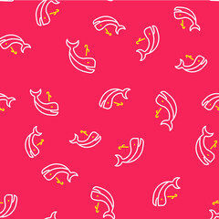 Sticker - Line Whale icon isolated seamless pattern on red background. Vector