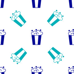 Poster - Blue Popcorn in cardboard box icon isolated seamless pattern on white background. Popcorn bucket box. Vector