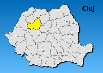  Map of Romania with map of Cluj county highlighted in yellow vector