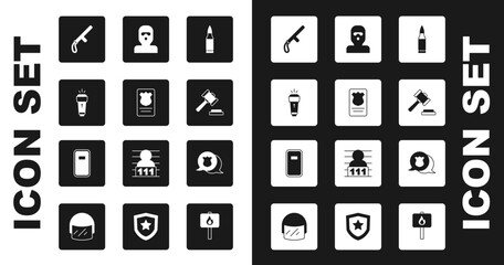 Wall Mural - Set Bullet, Police badge with id case, Flashlight, rubber baton, Judge gavel, Thief mask, and assault shield icon. Vector