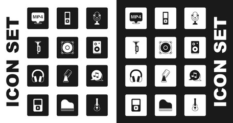 Sticker - Set Microphone, Stereo speaker, Trumpet, MP4 file document, Music player, note, tone and Headphones icon. Vector