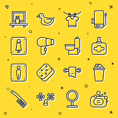 Poster - Set line Bar of soap, Bucket with suds, Perfume, Drying clothes, Hair dryer, Female toilet, Washbasin mirror and Toilet bowl icon. Vector