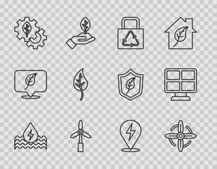 Wall Mural - Set line Water energy, Wind turbine, Paper bag with recycle, Leaf plant gear machine, or leaves, Lightning bolt and Solar panel icon. Vector