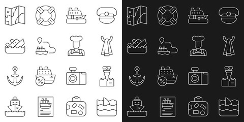 Poster - Set line Shark fin in ocean wave, Captain of ship, Towel on hanger, Cruise, Ship line path, Sinking cruise, Folded map and Cook icon. Vector