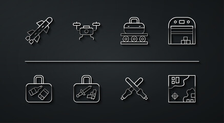 Sticker - Set line Rocket, Suitcase, Aircraft hangar, Marshalling wands, Drone flying, World travel map and Conveyor belt with suitcase icon. Vector