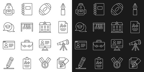 Sticker - Set line Exam sheet and pencil, Telescope, with A plus grade, American Football ball, Pendulum, Graduation cap in speech bubble, School backpack and building icon. Vector