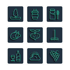 Sticker - Set line Wine bottle with glass, Sun and cloud weather, Grape fruit, Jar of honey dipper stick, Beet, Roasted turkey or chicken, Tree and Garden rake icon. Vector